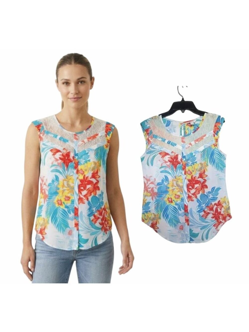 ⭐Candies Womens Tropical Floral Print Lace Yoke Sleeveless Tank Top Size XS NWT